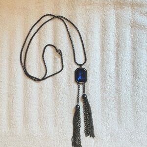 Nordstrom black Box Chain Necklace with Royal Blue Stone and Tassels